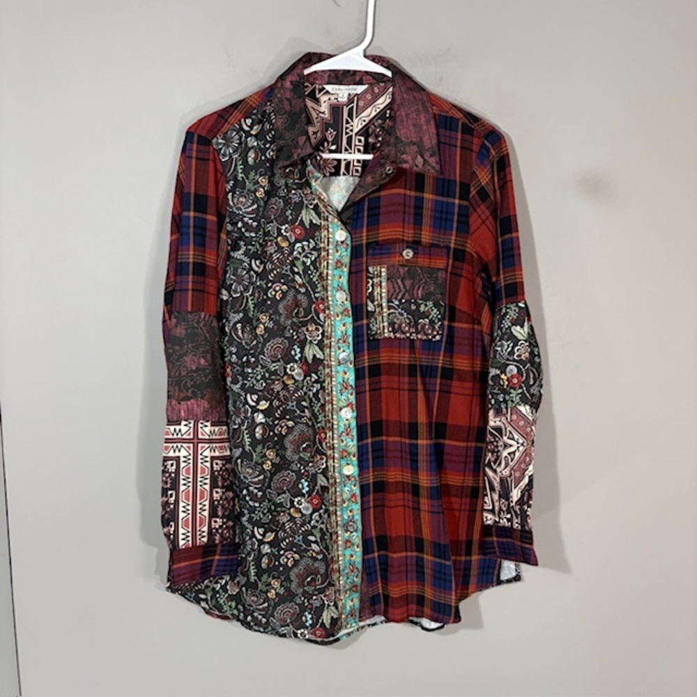 John Mark Shirt Womens S Multicolor Plaid Patchwork Boho Button Tunic Top Fall